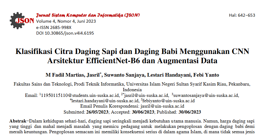 Klasifikasi Citra Daging Sapi dan Daging Babi Menggunakan CNN Arsitektur EfficientNet-B6 dan Augmentasi Data